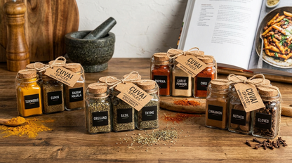 Spices in glass jars with labels on a wooden surface, including a mortar and pestle and a dish of food in the background.