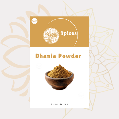 Dhania powder in a wooden bowl with Cuvai Spices branding on a decorative background