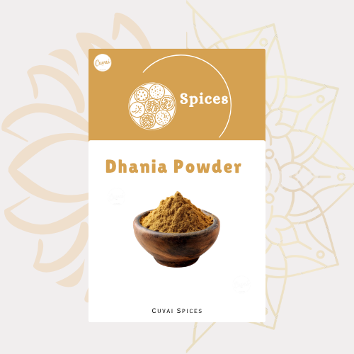 Dhania powder in a wooden bowl with Cuvai Spices branding on a decorative background